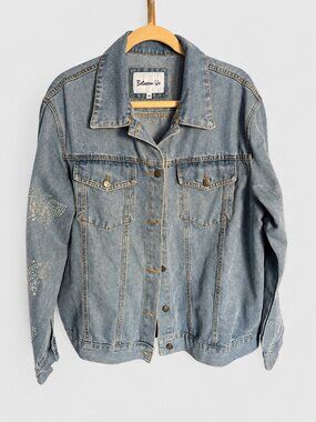Between Us Rhinestone Butterfly Denim Trucker Jacket Light Wash Embellished 1X